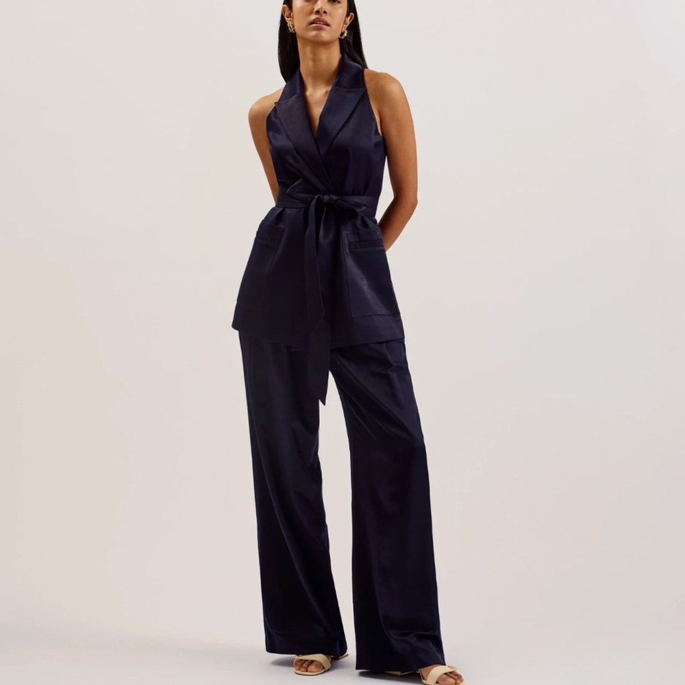 Ted Baker Women Navy Teeru Tailored Satin Longline Vest Size 1/US 4 NWT 275$